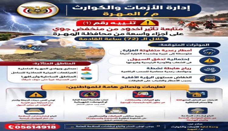 المهره:تنبيه جوي..أمطار رعدية متوقعة على المهرة خلال 72 ساعة وتحذيرات من السيول